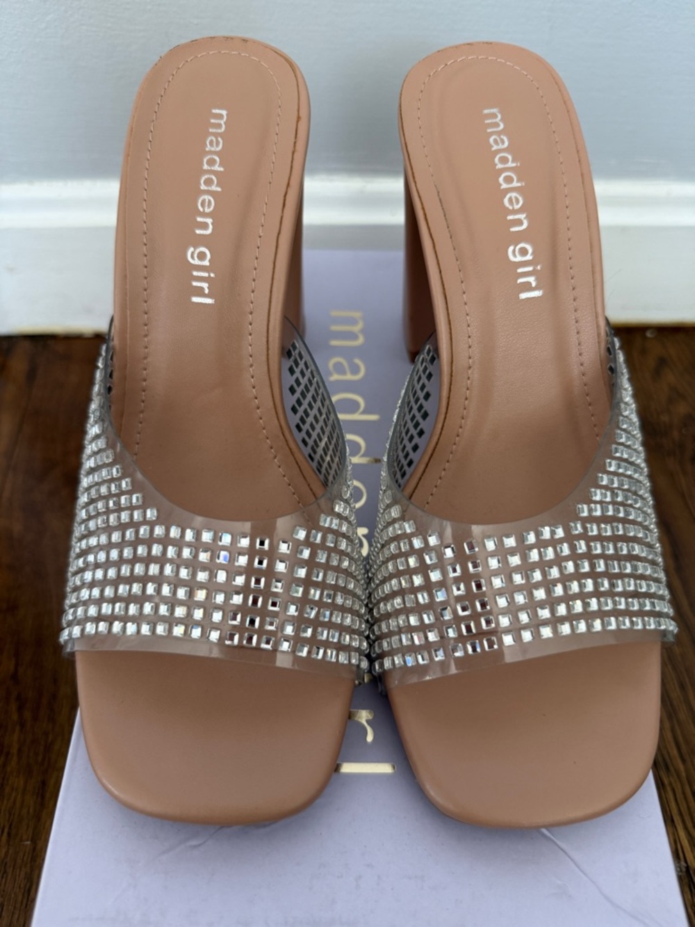 Madden Girl Nude Block Heel Slides with Silver Rhinestone Band